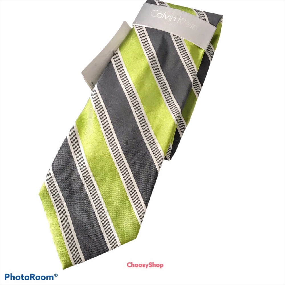 Silk Blend Tie NWT Calvin Klein Lime Green Dark Gray Awning Striped Tie